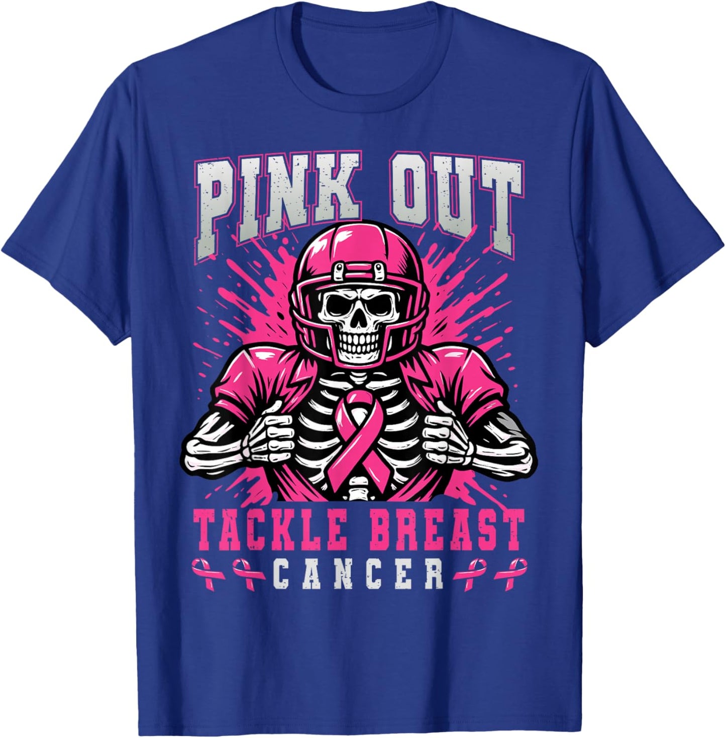Pink Out Tackle Breast Cancer Football Skeleton Halloween T-Shirt - T-Shirt | Royal