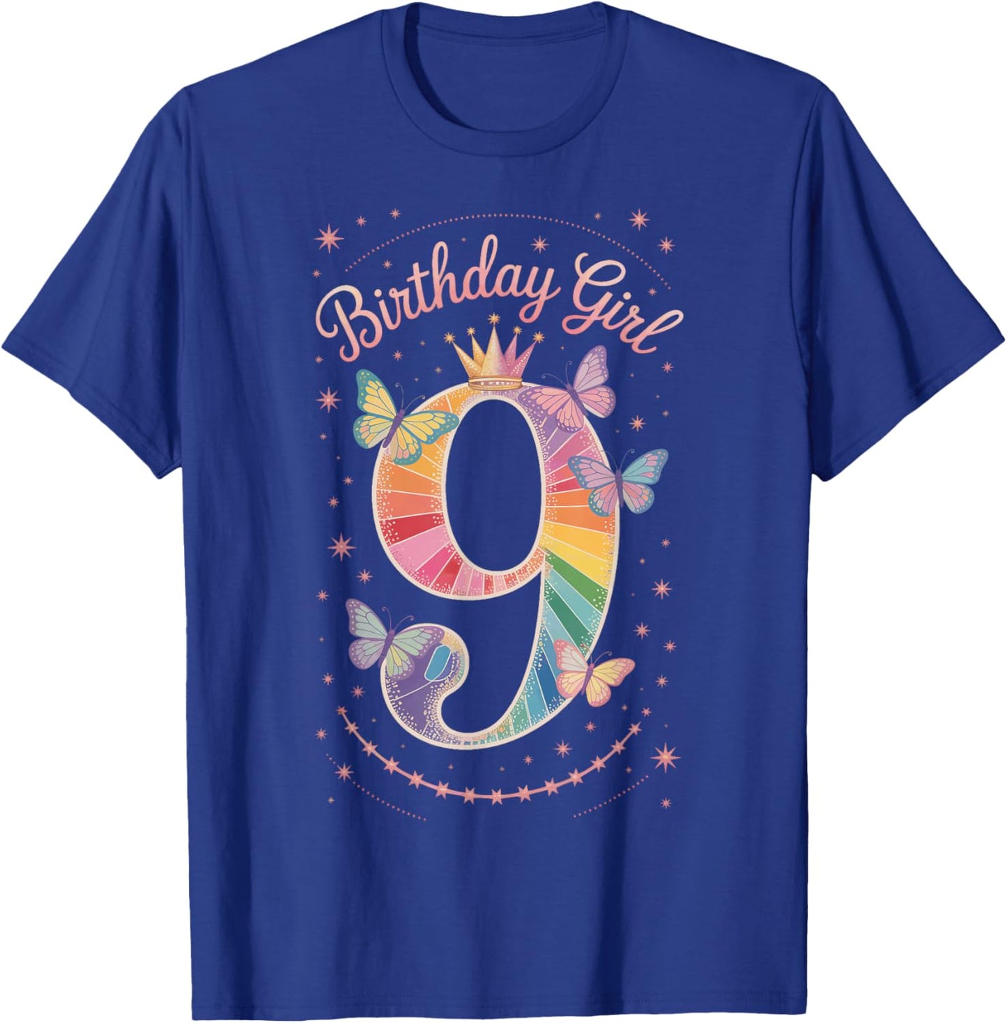 Birthday Girl 9 Crown Butterfly Shimmer Girls Ninth T-Shirt - T-Shirt | Royal