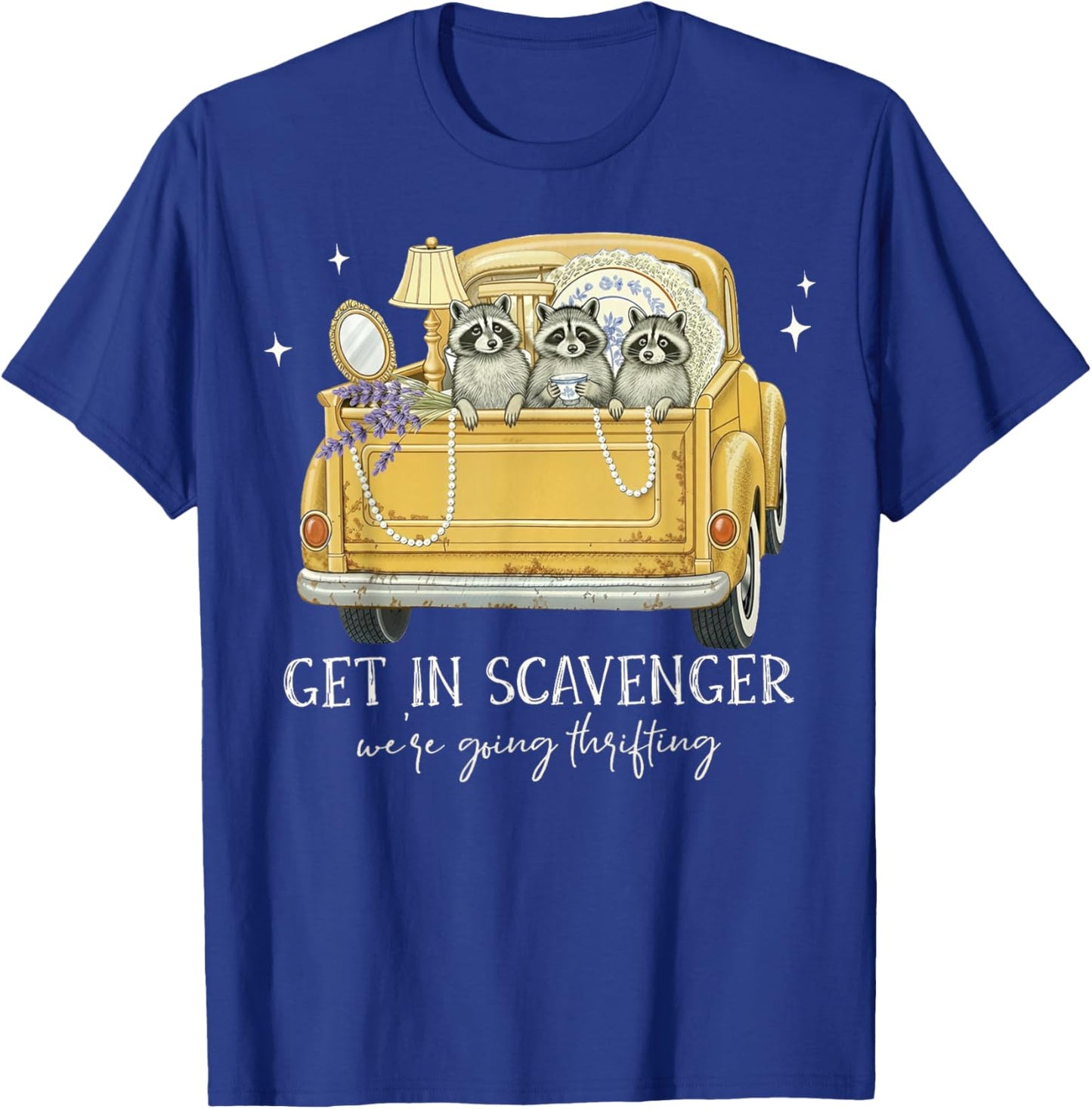 Get in Scavenger We're Going Thrifting Raccoon Vintage Car T-Shirt - T-Shirt | Royal