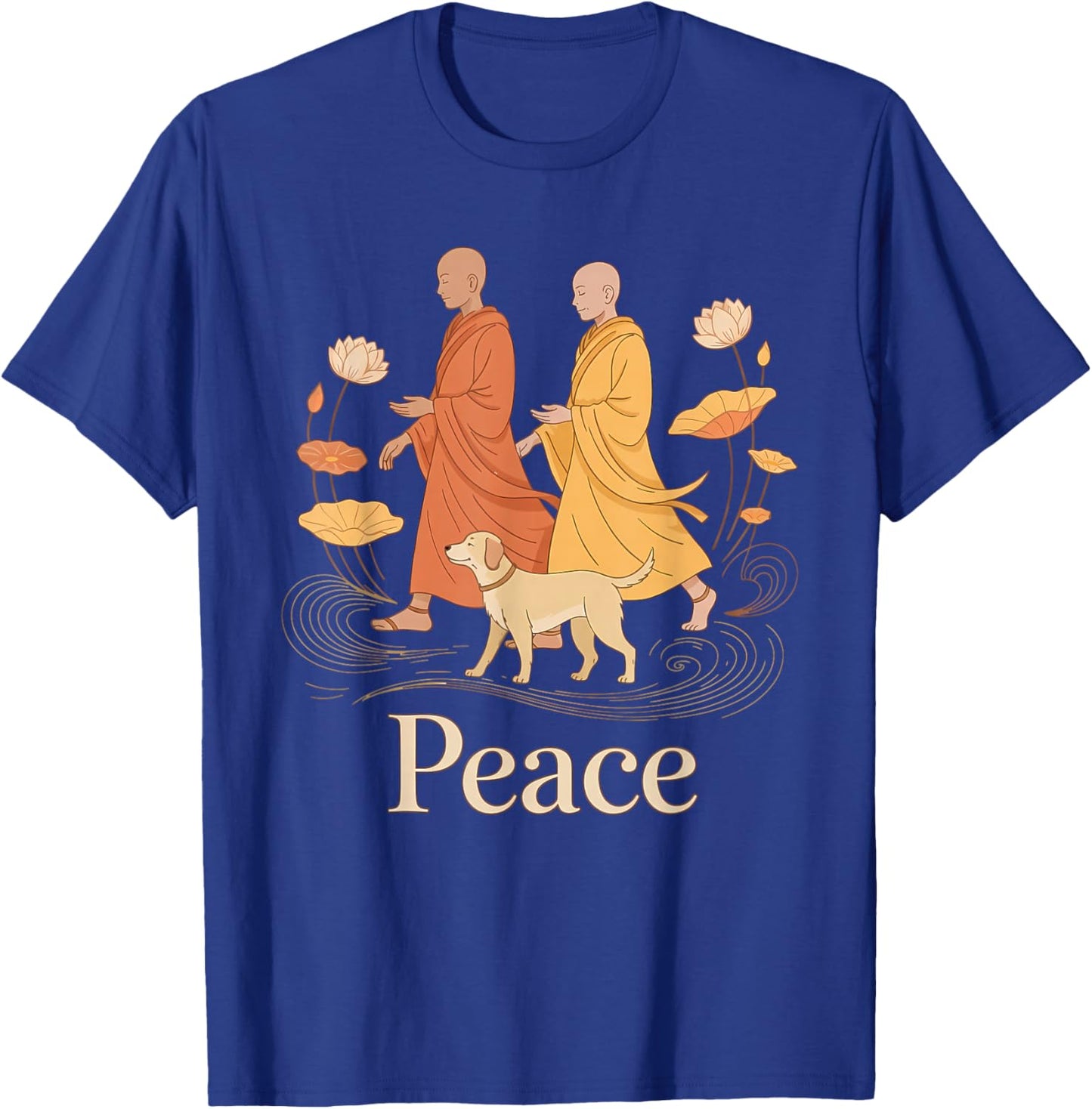 Vintage Peace Walking Monks & Dog Minimalist Zen Art T-Shirt - T-Shirt | Royal