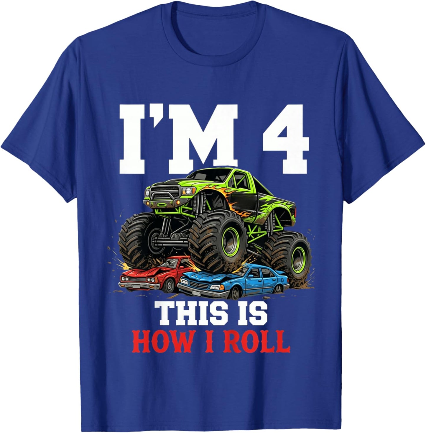 Kids Racing Monster Truck 4th Birthday 4 Year Old Boy Born 2022 T-Shirt - T-Shirt | Royal