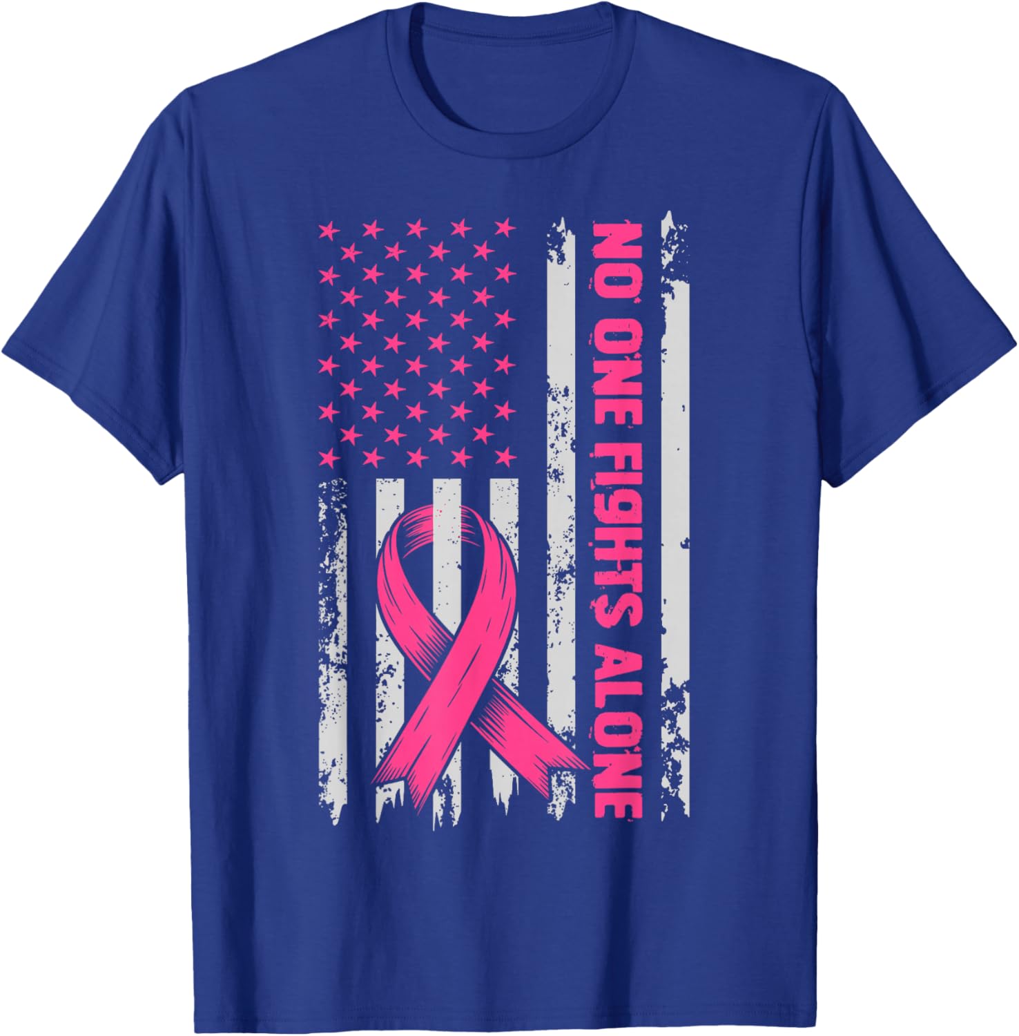 No One Fights Breast Cancer Alone US Flag Pink Ribbon T-Shirt - T-Shirt | Royal