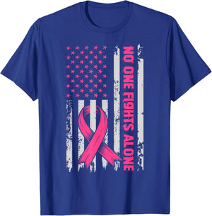 No One Fights Breast Cancer Alone US Flag Pink Ribbon T-Shirt - T-Shirt | Royal