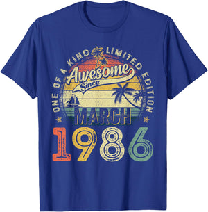40 Year Old Awesome March 1986 Vintage 40th Birthday Men Him T-Shirt - T-Shirt | Royal