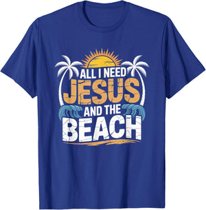 All I Need Jesus and The Beach Christian Faith Ocean Summer T-Shirt - T-Shirt | Royal