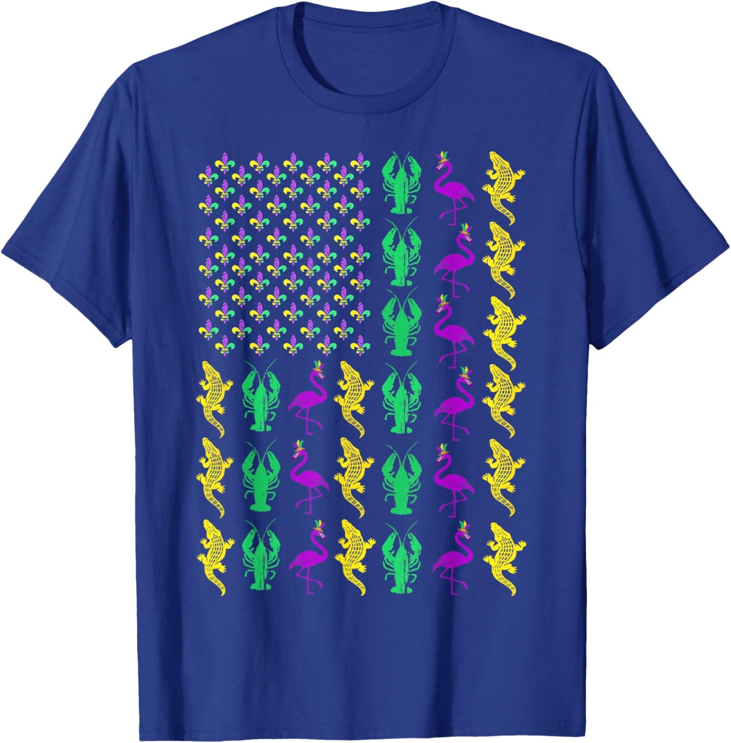 Mardi Gras American Flag Crawfish Flamingo Alligator Party T-Shirt - T-Shirt | Royal