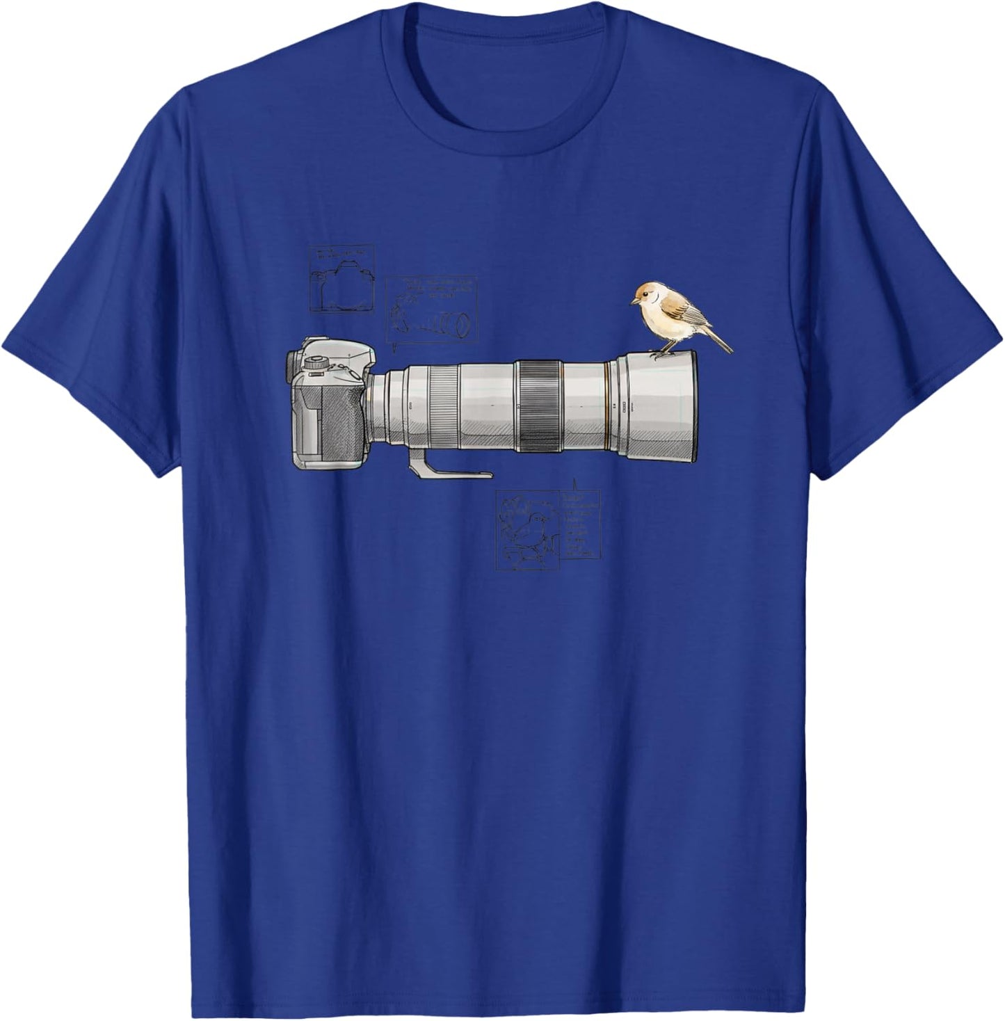 Bird Telephoto Buddy Camera & Perched Songbird Sketch T-Shirt - T-Shirt | Royal