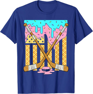 American Flag Ice Cream Drip Boys Ice Hockey Sport Player T-Shirt - T-Shirt | Royal