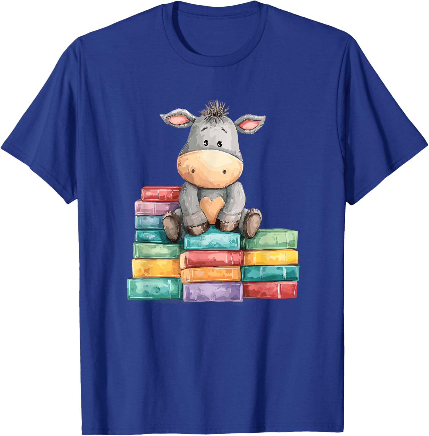 Adorable Donkey with Heart Sitting On Colorful Book Stack T-Shirt - T-Shirt | Royal