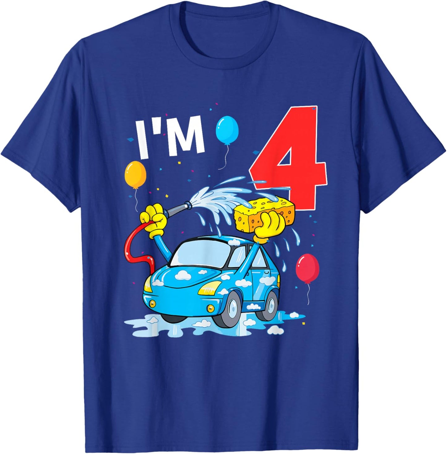 4 Year Old Bday 4th Birthday Car Wash Theme Party T-Shirt - T-Shirt | Royal