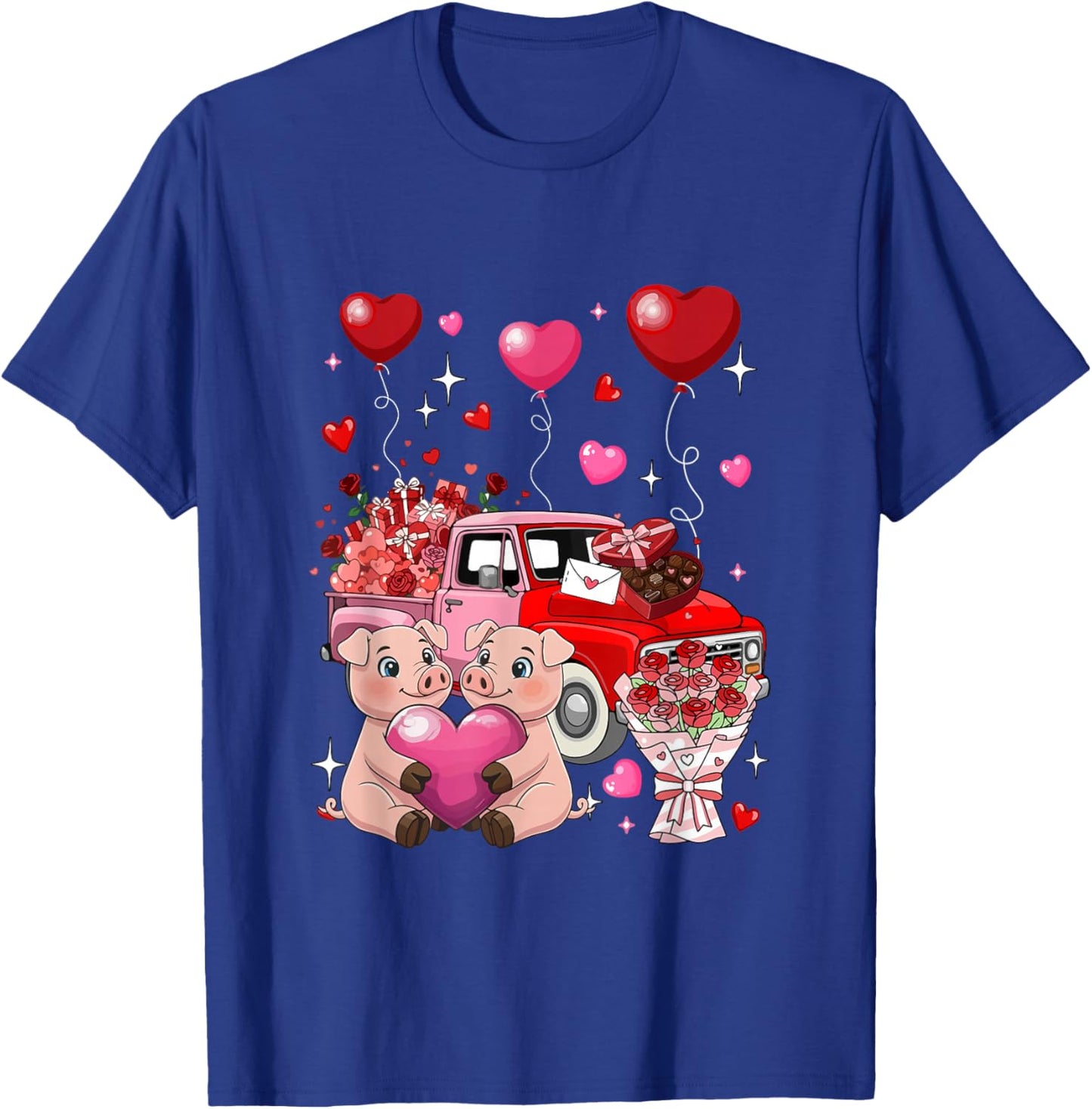 Couple Pigs Pickup Truck Carrying Flowers Valentine Hearts T-Shirt - T-Shirt | Royal