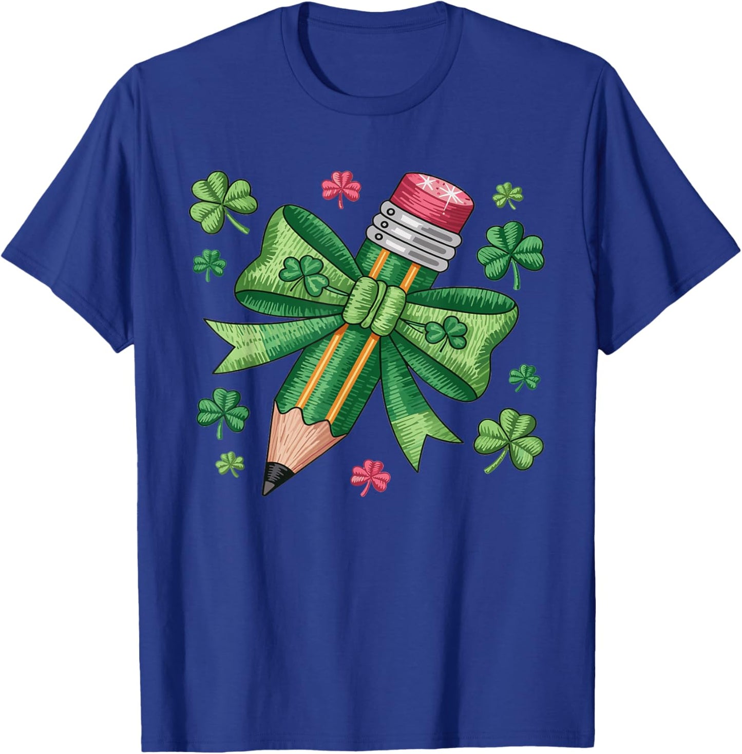 Teacher St. Patrick’s Day Pencil with Bow Shamrock Graphic T-Shirt - T-Shirt | Royal