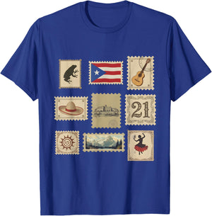 Boricua Puerto Rico Stamps 21 Coqui El Morro Salsa T-Shirt - T-Shirt | Royal