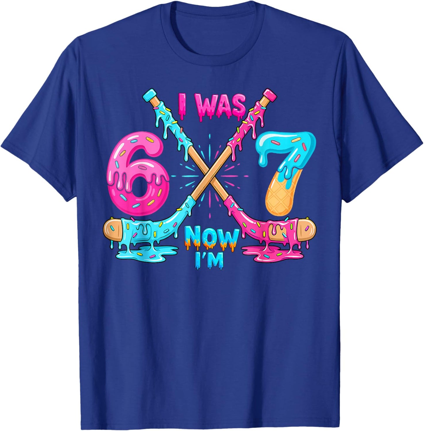 Funny Meme I was 6 Now I'm 7 Hockey Birthday Ice Cream Drip T-Shirt - T-Shirt | Royal