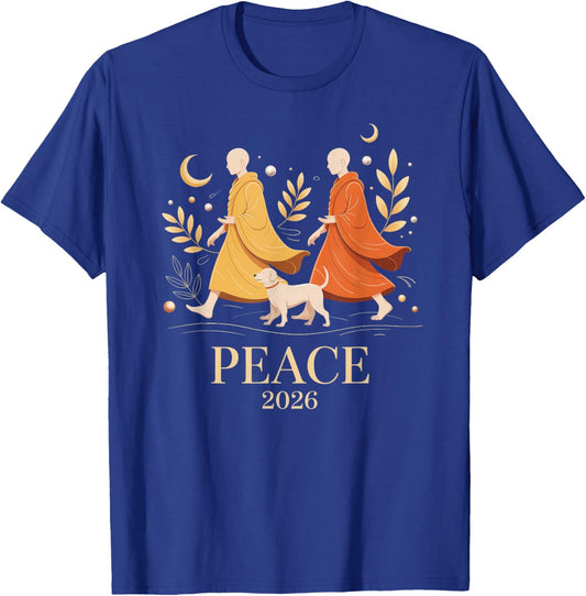 Walk Peace 2026 World Peace Monks with Aloka Dog T-Shirt - T-Shirt | Royal