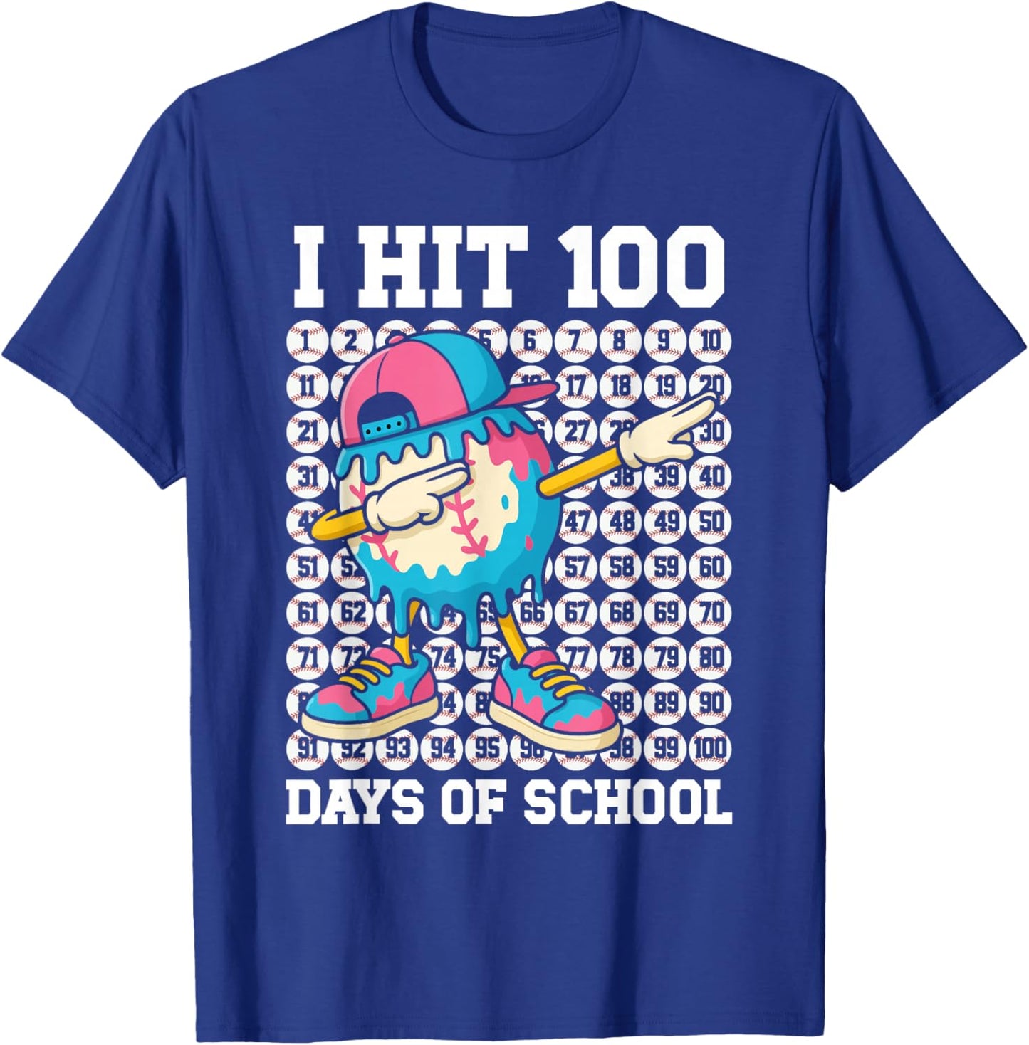 I Hit 100 Days of School Baseball Ice Cream Drip Boys Girls T-Shirt - T-Shirt | Royal