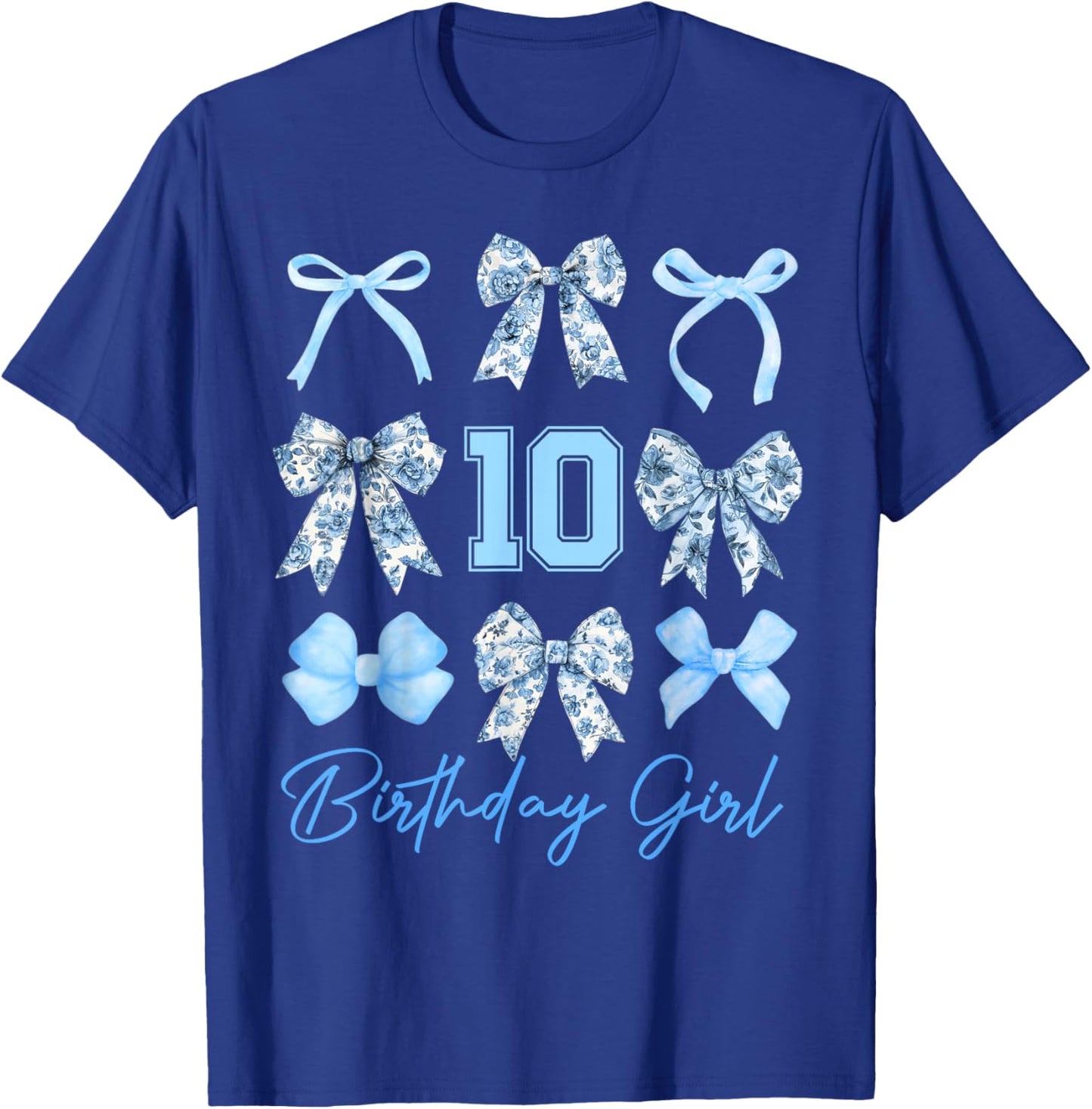 10th Birthday Girl Blue Toile Coquette Bow 10 Year Old T-Shirt - T-Shirt | Royal