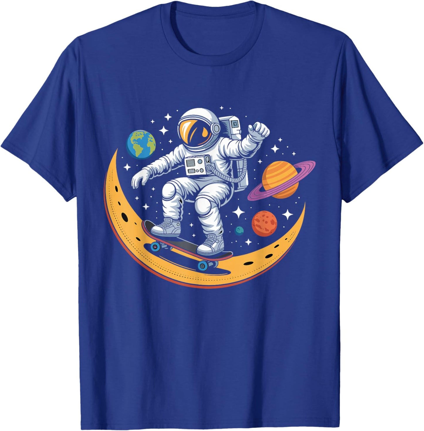 Astronaut Skateboarding Space Moon Planets Kids T-Shirt - T-Shirt | Royal