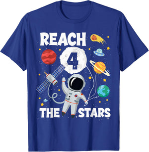 Reach Four The Stars 4 Years Old Birthday Boy Astronaut 4th T-Shirt - T-Shirt | Royal