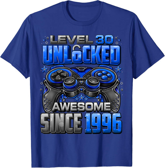 Level 30 Unlocked Awesome Since 1996 30th Birthday Gaming T-Shirt - T-Shirt | Royal