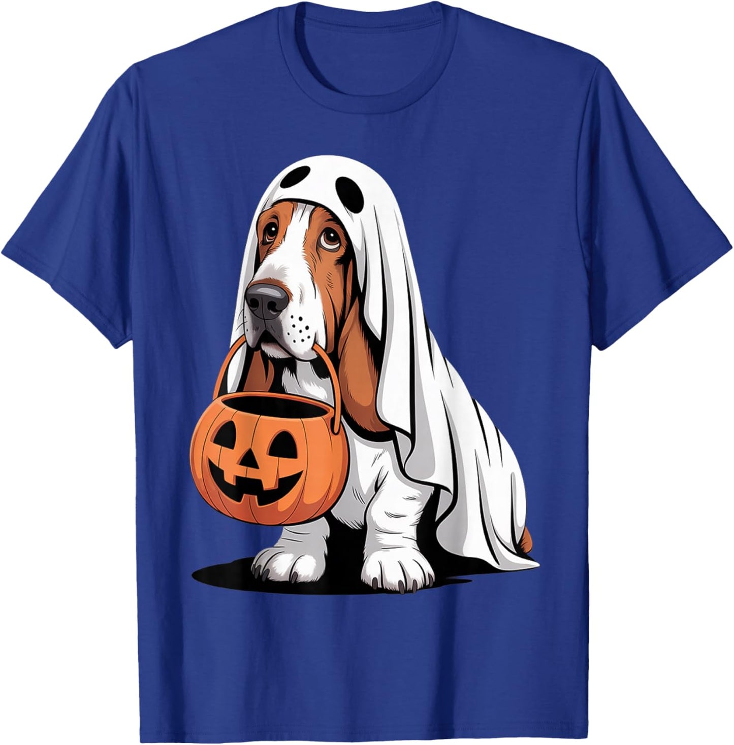 Cute Basset Hound Dog Ghost Costume with Pumpkin T-Shirt - T-Shirt | Royal