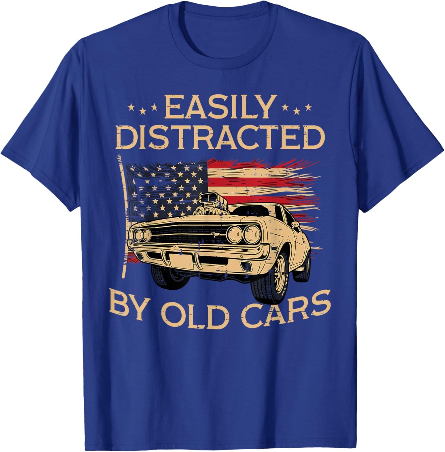 Easily Distracted by Old Cars US Flag Vintage Patriotic Men T-Shirt - T-Shirt | Royal