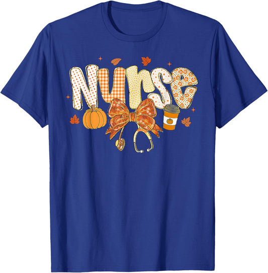 Retro Pumpkin Nurse Life Stethoscope Fall Autumn Funny Nurse T-Shirt - T-Shirt | Royal