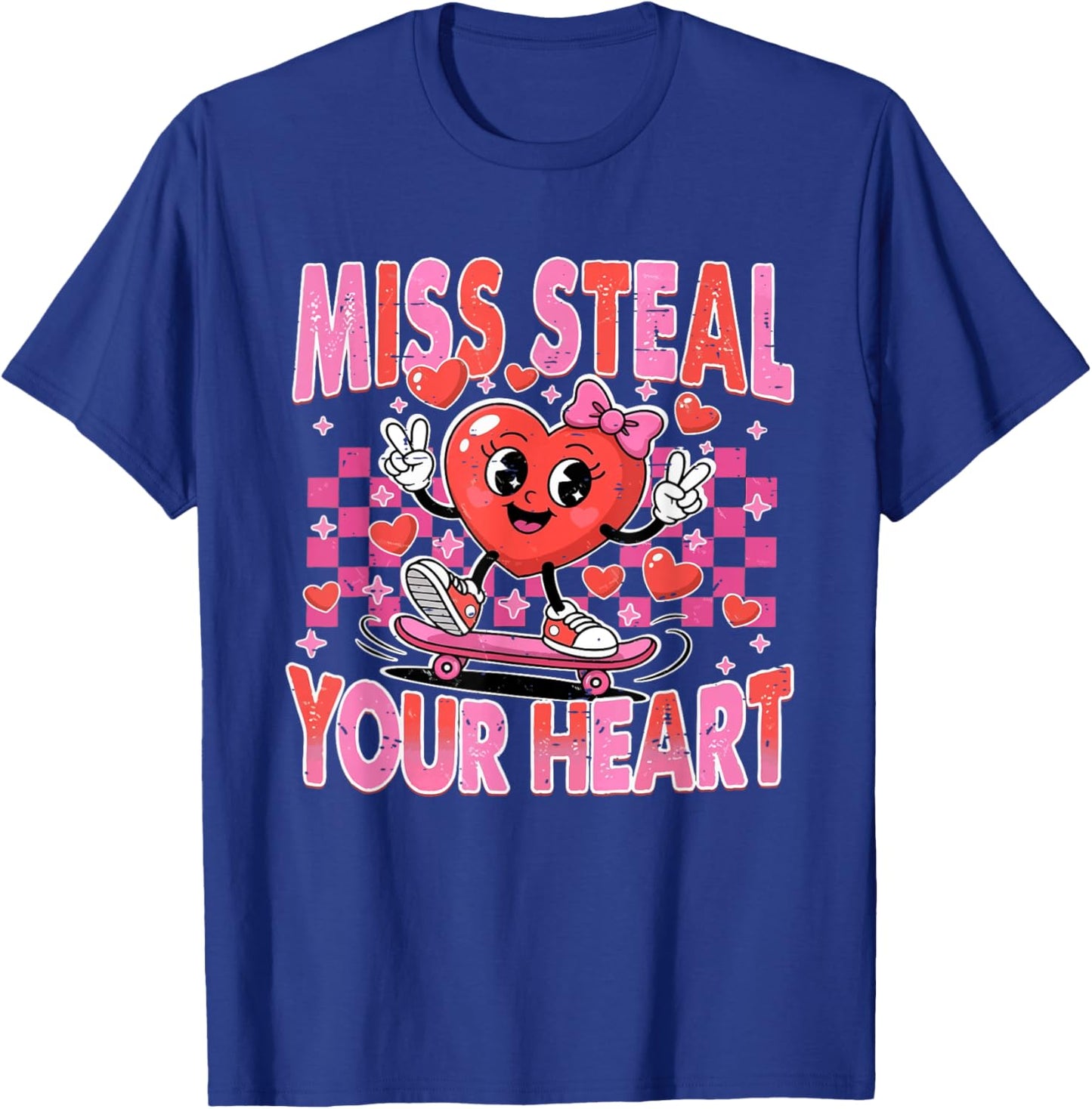 Retro Checkered Miss Steal Your Heart Cute Skating Valentine T-Shirt - T-Shirt | Royal