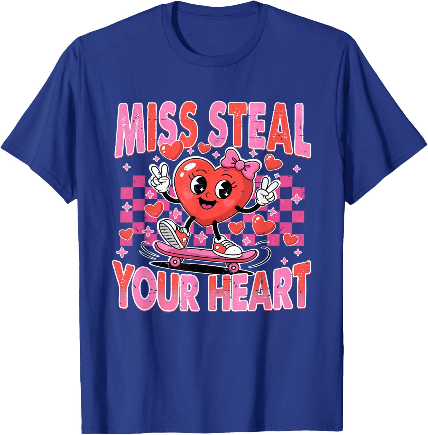 Retro Checkered Miss Steal Your Heart Cute Skating Valentine T-Shirt - T-Shirt | Royal