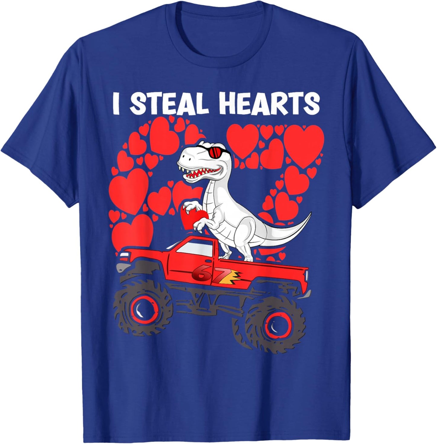Valentines Day Boys Kids I Steal Hearts trex Truck 67 T-Shirt - T-Shirt | Royal