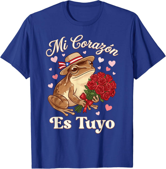 Mi Corazón ES Tuyo Coquí Frog with Roses Boricua Valentine T-Shirt - T-Shirt | Royal