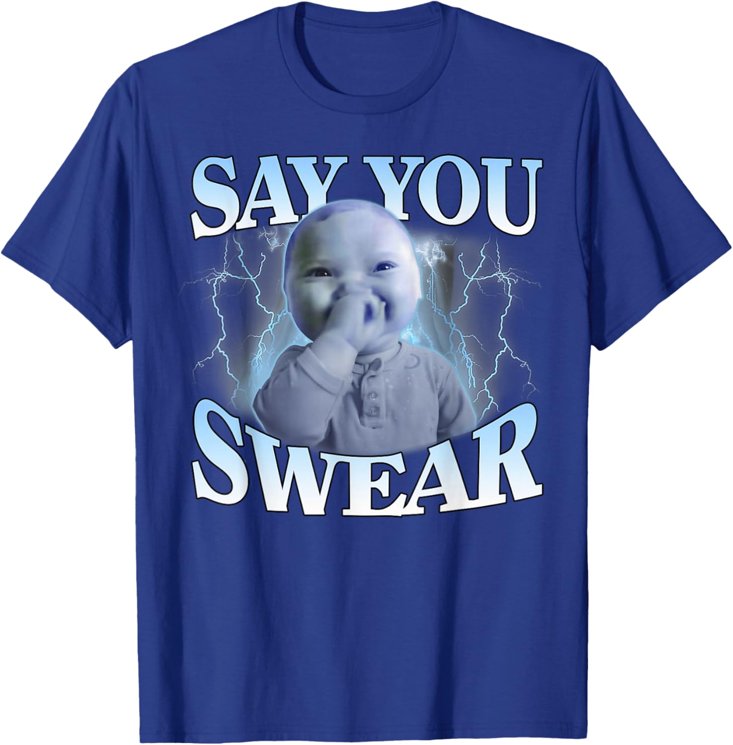 Say You Swear Ai Niche Baby Holding Back Laugh Genz Meme T-Shirt - T-Shirt | Royal