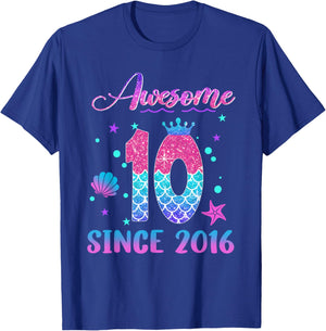 Awesome Since 2016 10 Year Old 10th Birthday Mermaid T-Shirt - T-Shirt | Royal
