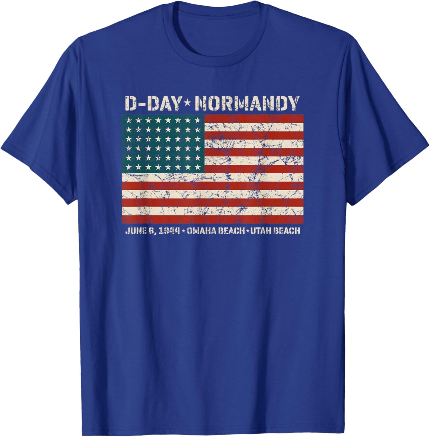 D-Day Normandy Omaha Utah Beaches 48 Star American Flag Aged T-Shirt - T-Shirt | Royal