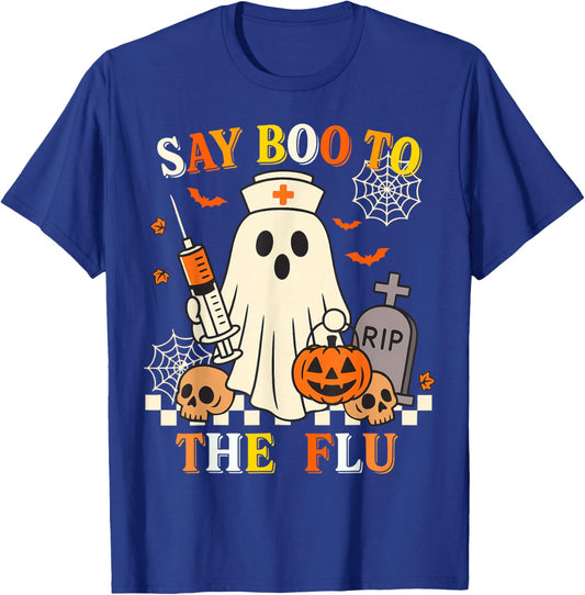 Funny Retro Nurse Ghost Halloween Vaccine Say Boo to The Flu T-Shirt - T-Shirt | Royal