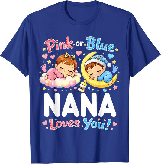 Pink Or Blue Nana Loves You Baby Gender Reveal Leopard T-Shirt - T-Shirt | Royal