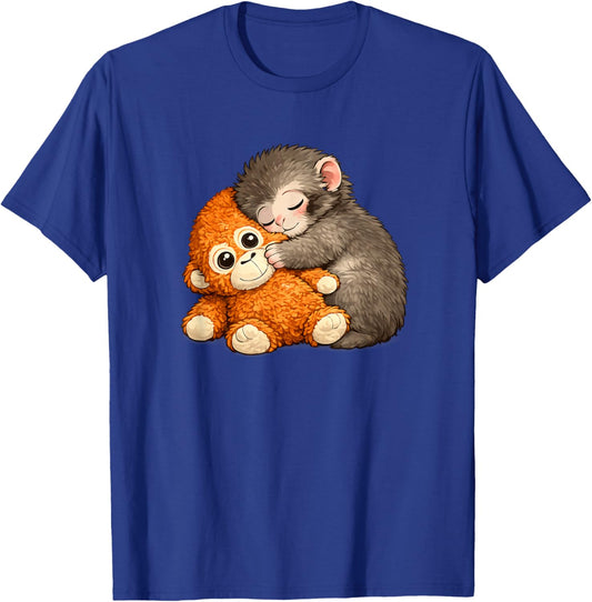 Punch Monkey with Teddy Bear Cuddling Meme Viral Internet T-Shirt - T-Shirt | Royal