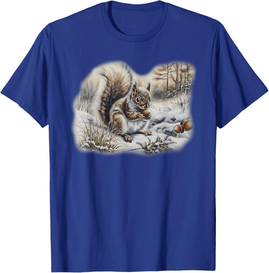 Retro Squirrel with Acorns Winter Forest Scene T-Shirt - T-Shirt | Royal