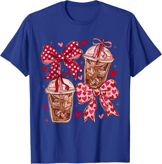 Coquette Bow Funny Valentine Iced Coffee Lover Hearts Pink T-Shirt - T-Shirt | Royal