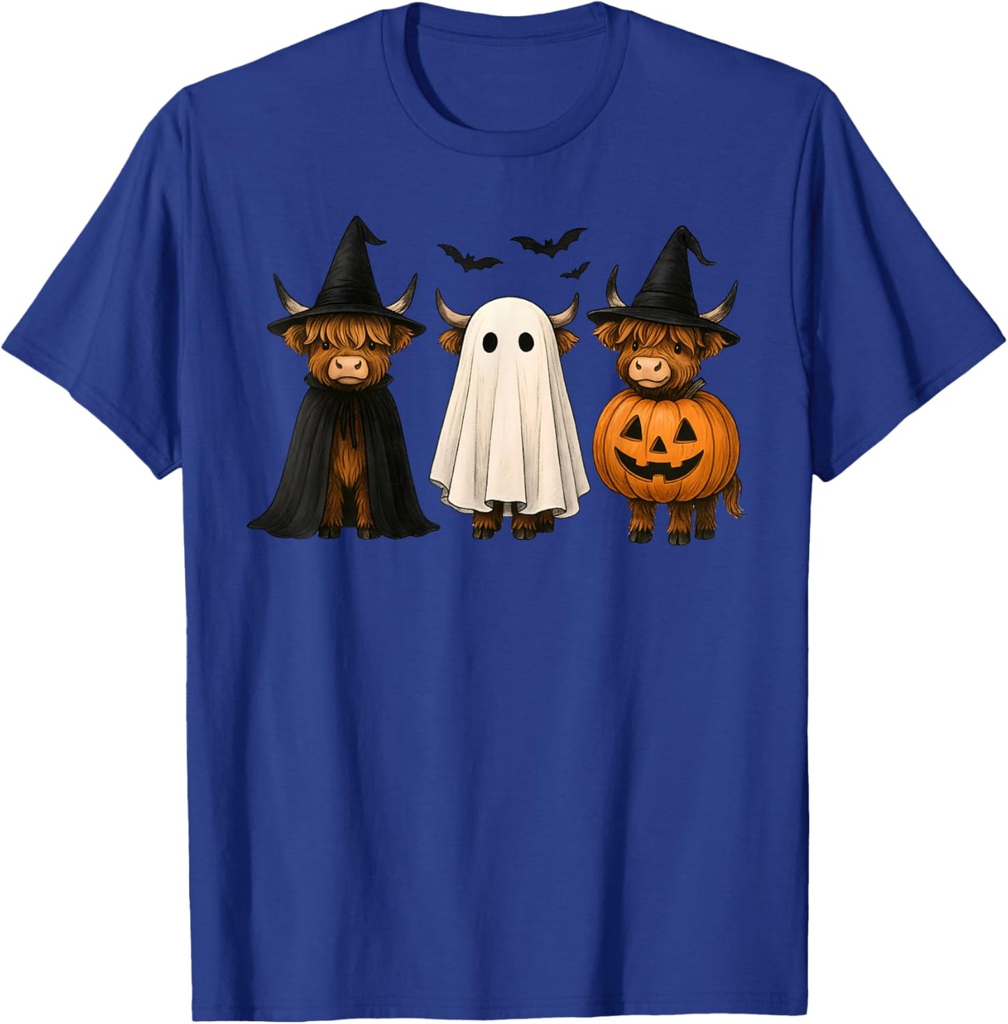 Funny Highland Cow with Spooky Halloween Costume Farmer T-Shirt - T-Shirt | Royal