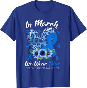 in March We Wear Blue for Colon Cancer Awareness Blue Ribbon T-Shirt - T-Shirt | Royal
