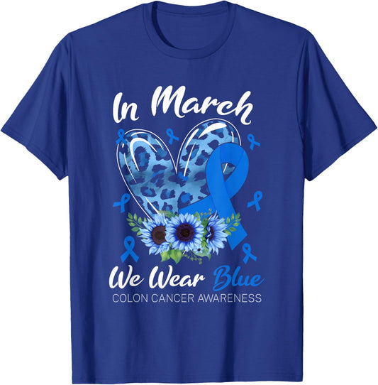in March We Wear Blue for Colon Cancer Awareness Blue Ribbon T-Shirt - T-Shirt | Royal
