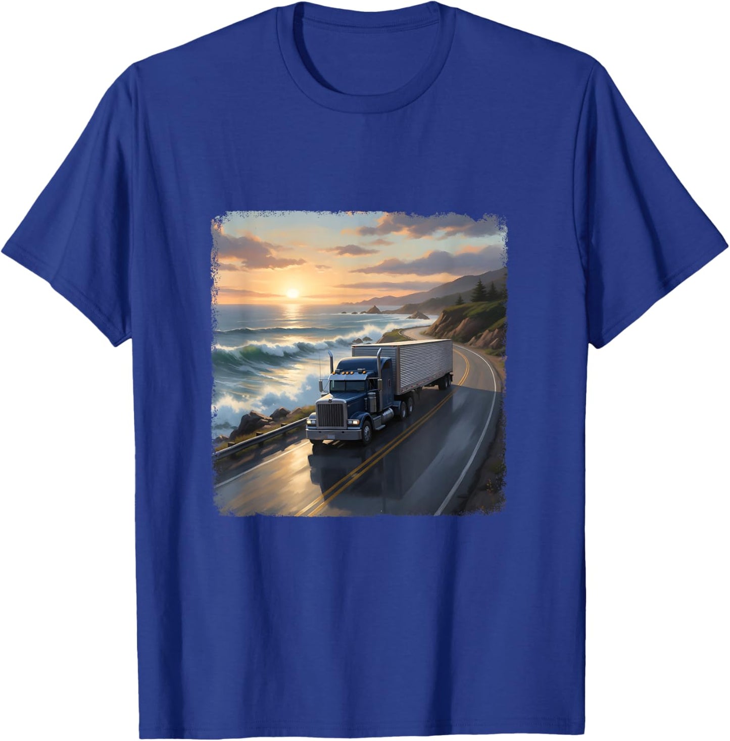 Coastline Sunrise Trucker Truck Driver Truck Lover Highway T-Shirt - T-Shirt | Royal