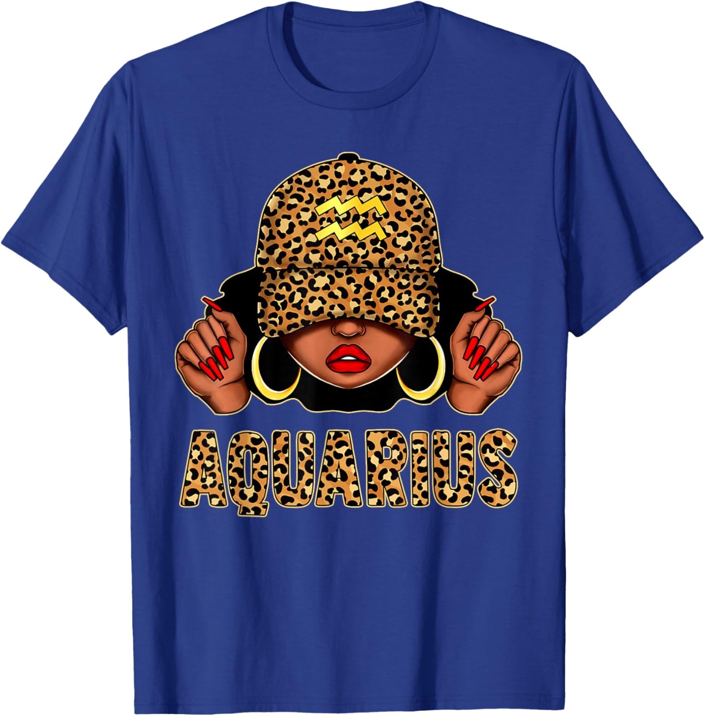 Aquarius Black Woman Leopard Cap Hat Zodiac Sign Birthday T-Shirt - T-Shirt | Royal