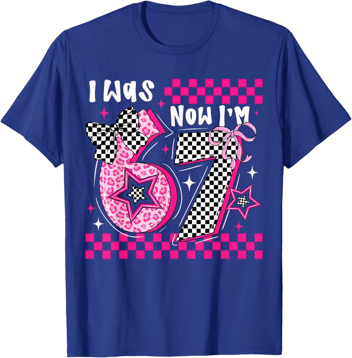 Pink Checkered Leopard Bow 7th Birthday Girl was 6 Now I'm 7 T-Shirt - T-Shirt | Royal