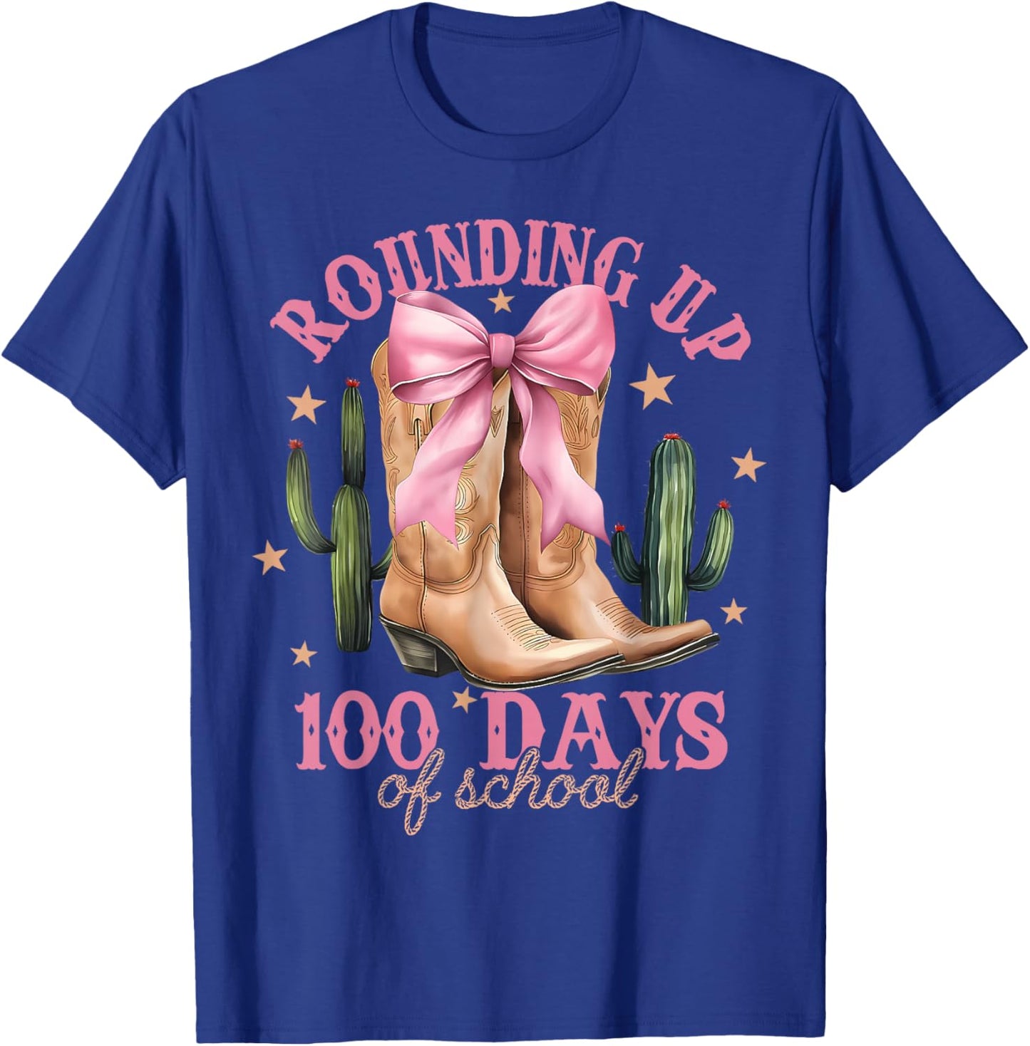 Funny Rounding Up 100 Days of School Pink Coquette Cowgirl T-Shirt - T-Shirt | Royal