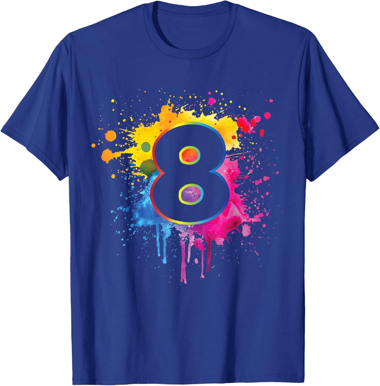 8th Birthday Colorful Paint Splashes 8 Year Old Girls Boys T-Shirt - T-Shirt | Royal