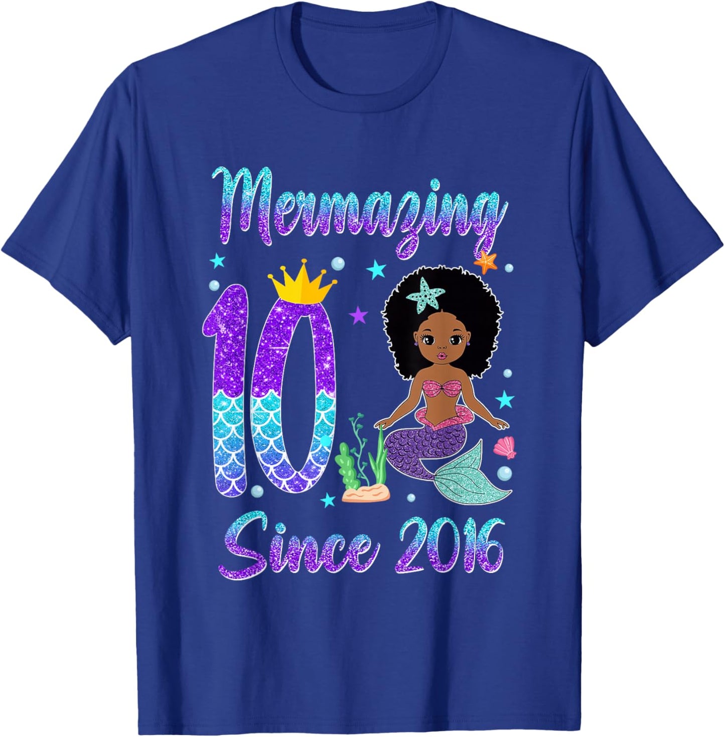 Awesome Since 2016 10 Year Old Black Mermaid Birthday T-Shirt - T-Shirt | Royal