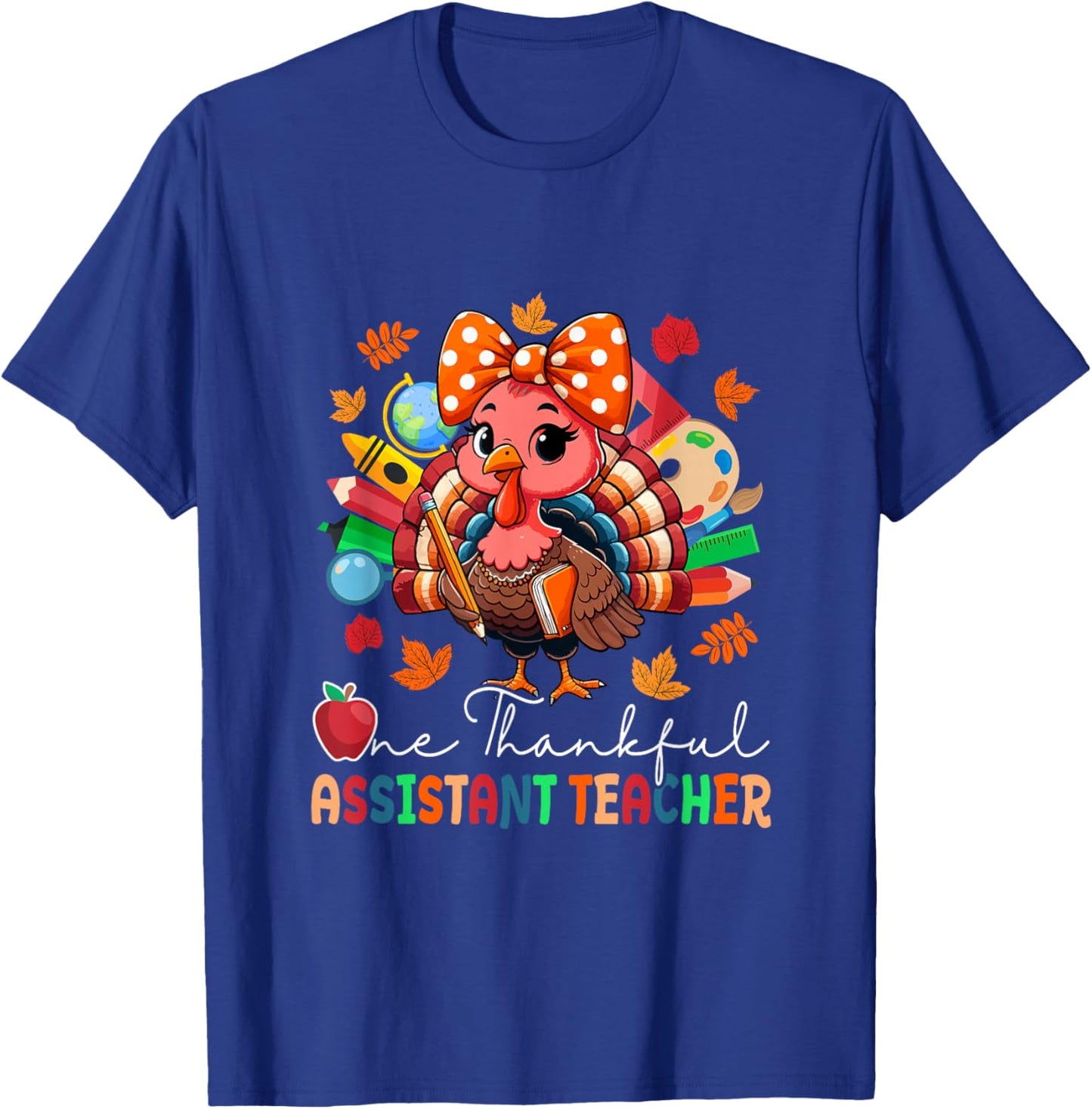 One Thankful Assistant Teacher Thanksgiving Turkey Bow Tie T-Shirt - T-Shirt | Royal