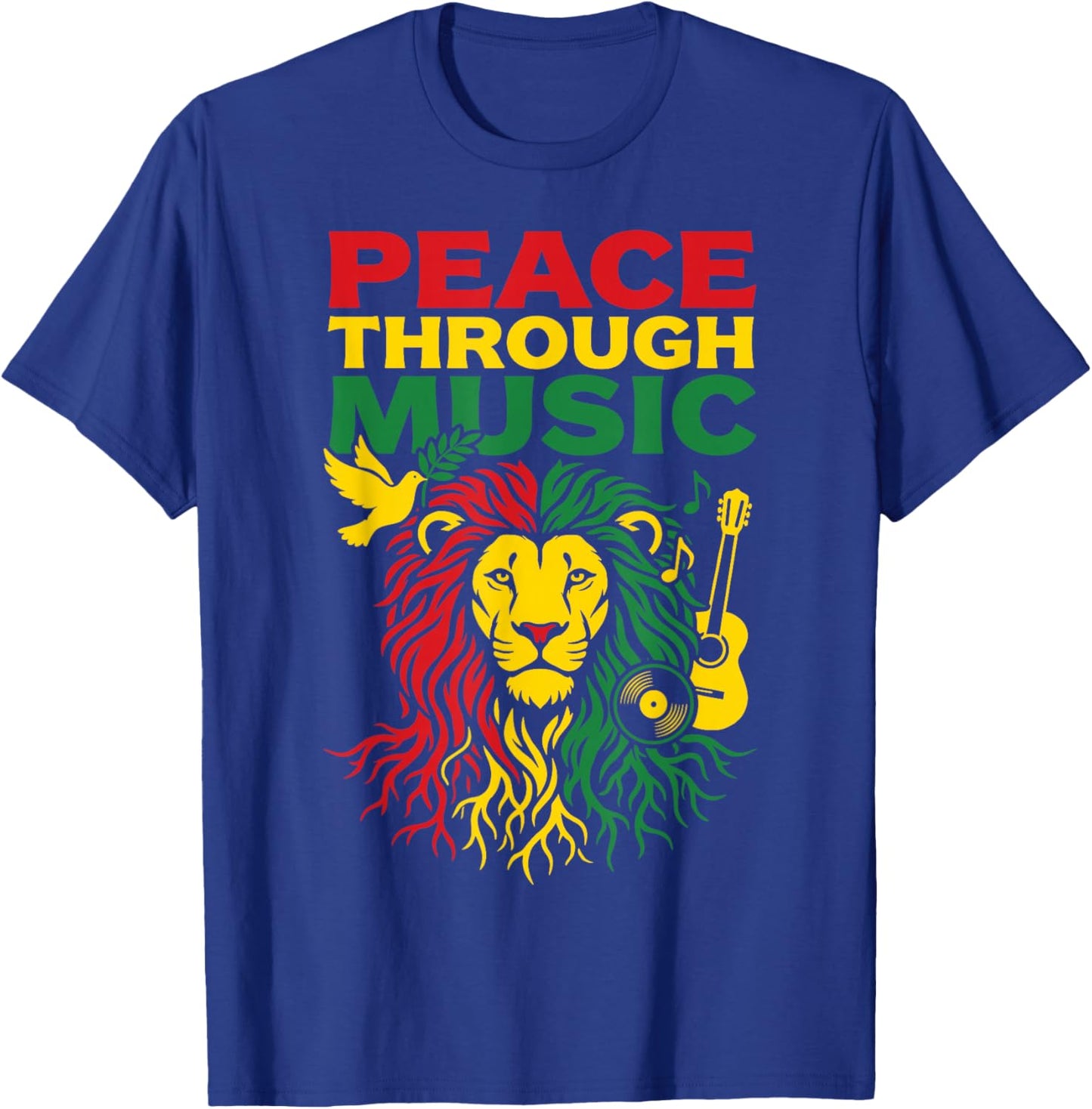 Peace Through Music Reggae Lion Rastafari Vibes Art Design T-Shirt - T-Shirt | Royal